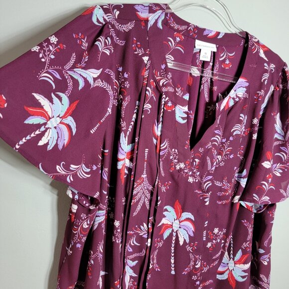 Liz Claiborne Womens Top Plus Size 1X Purple Floral Flutter Sleeve Pleated VNeck - Picture 3 of 6